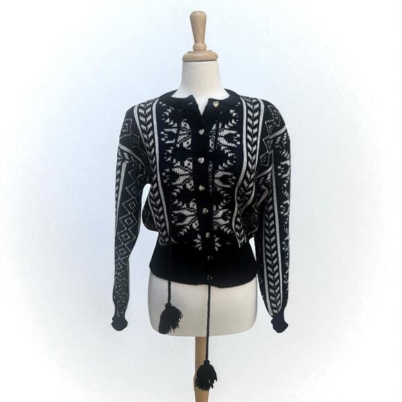 VTG Eagles Eye Cardigan Sweater Med Black Button Up FairIsle 100% Wool Tassel - Picture 1 of 9